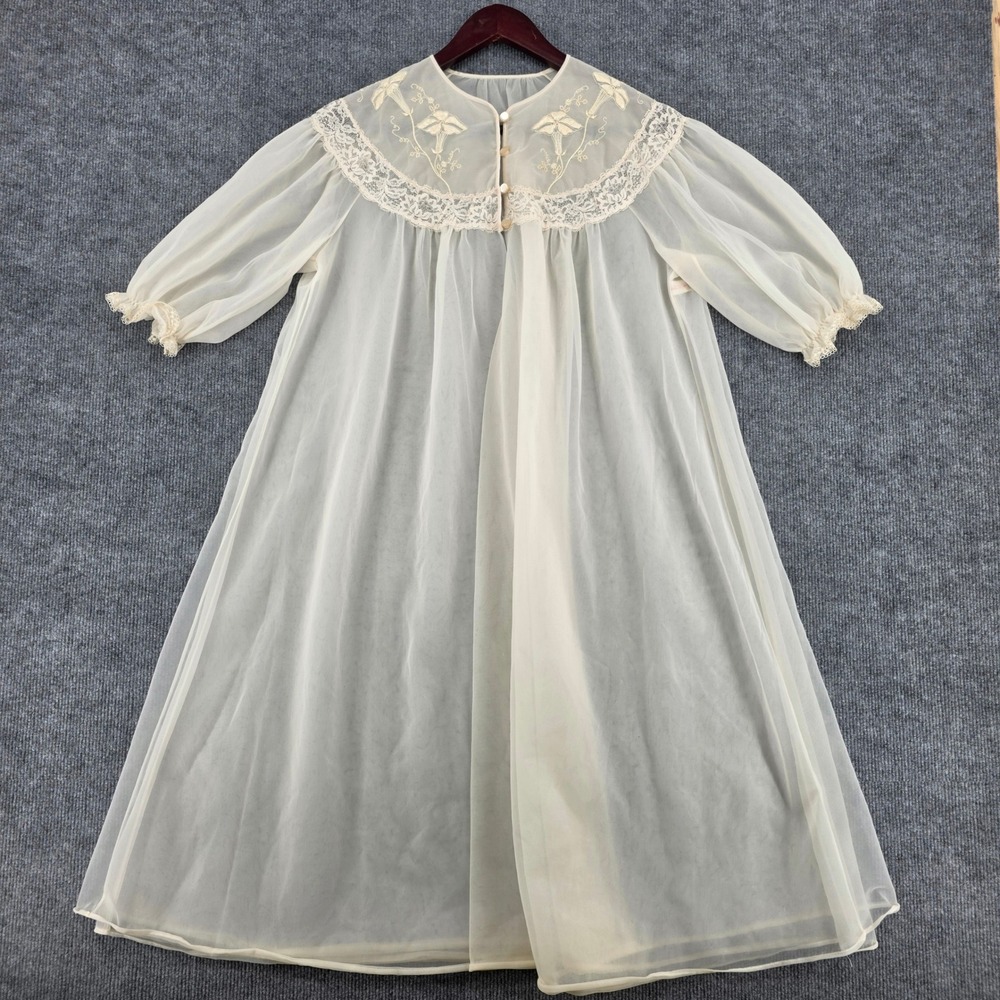 Vintage Seamprufe Ivory Sheer Nylon Embroidered Lace Robe Peignoir USA Size 34
